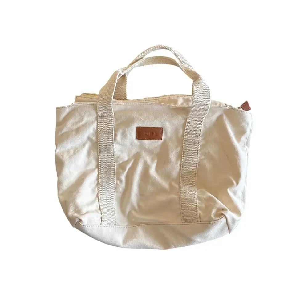 Personalized Canvas Tote Bag Cream Leather Trim Zip Top Monogram Smith